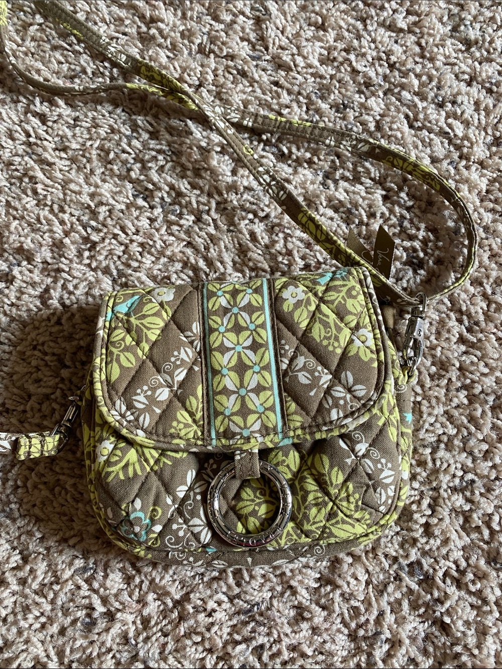 Vera Bradley Quilted Brown Crossbody with Lime and Aqua Floral Pattern